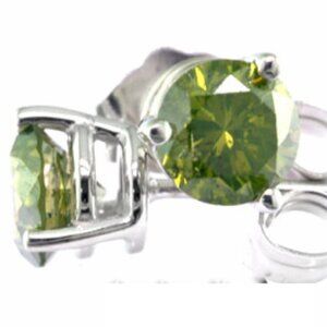 Rare 14Kt White Gold Kiwi Green Diamond Stud Earrings